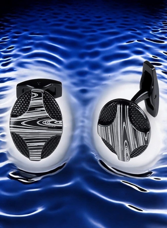 Tripin Full Black Round Cufflinks with Marble Finish for Men | Gift Boxed Formal Wear Set - Image 3