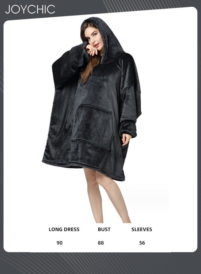 NIBEMINENT Solid Color Women Autumn and Winter Flannel Thickened Cold-proof Warm Hooded Pajamas Long-sleeved Comfortable Sleep Robe with Front Pockets Black One Size  - Image 5