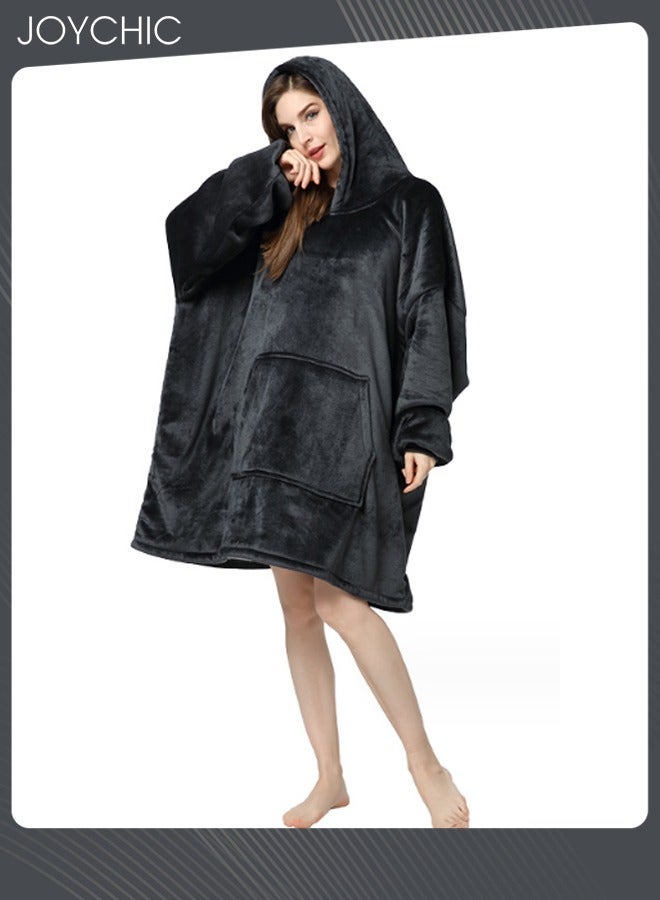 NIBEMINENT Solid Color Women Autumn and Winter Flannel Thickened Cold-proof Warm Hooded Pajamas Long-sleeved Comfortable Sleep Robe with Front Pockets Black One Size  - Image 1