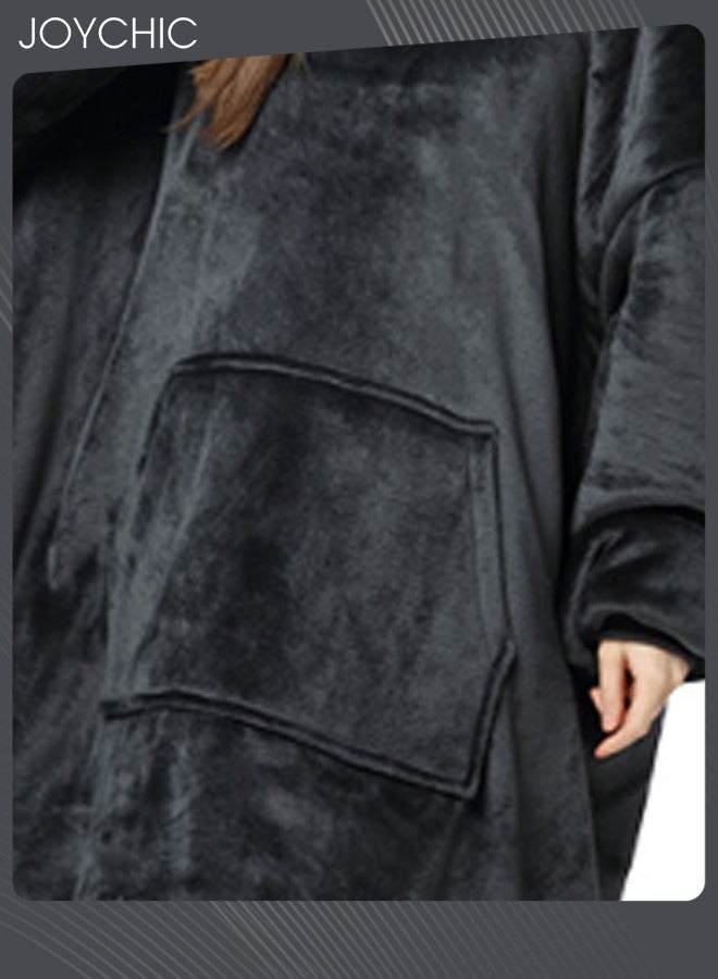 NIBEMINENT Solid Color Women Autumn and Winter Flannel Thickened Cold-proof Warm Hooded Pajamas Long-sleeved Comfortable Sleep Robe with Front Pockets Black One Size  - Image 4