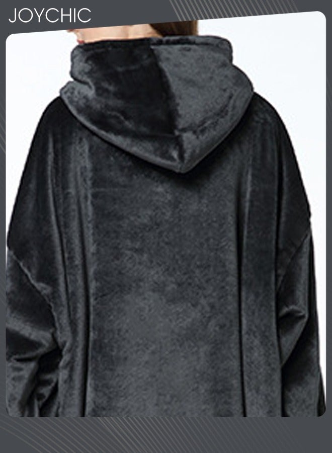 NIBEMINENT Solid Color Women Autumn and Winter Flannel Thickened Cold-proof Warm Hooded Pajamas Long-sleeved Comfortable Sleep Robe with Front Pockets Black One Size  - Image 2