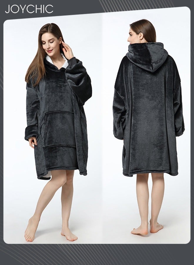 NIBEMINENT Solid Color Women Autumn and Winter Flannel Thickened Cold-proof Warm Hooded Pajamas Long-sleeved Comfortable Sleep Robe with Front Pockets Black One Size  - Image 3