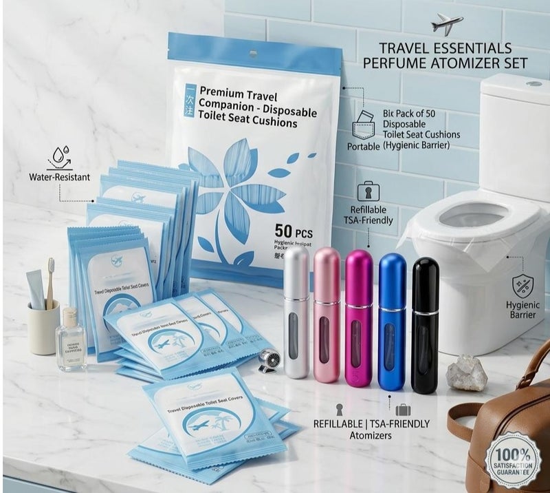 50 pieces of travel toilet seat Cover & Portable Perfume Atomizer Set of 5 - Image 1