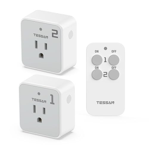 TESSAN Remote Control Outlet Plug, TESSAN Wireless Light Switch Kit 100ft RF Range, On Off Switch for String Lights, Lamps, Small Appliances, Wireless Power Socket, 15A/1875W (1 Remote and 2 Outlets) - Image 1