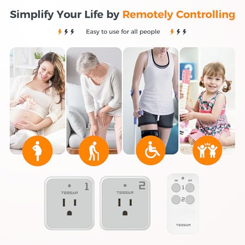 TESSAN Remote Control Outlet Plug, TESSAN Wireless Light Switch Kit 100ft RF Range, On Off Switch for String Lights, Lamps, Small Appliances, Wireless Power Socket, 15A/1875W (1 Remote and 2 Outlets) - Image 4