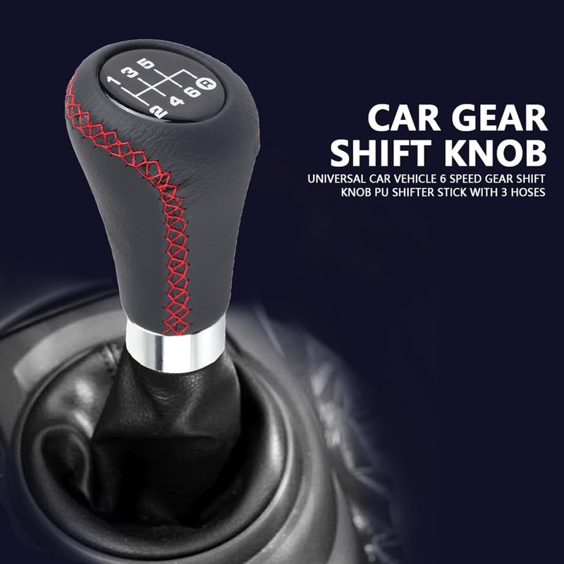 plplaaoo Car Gear Shift Knob, 6 Speed Universal Car Vehicle Gear Shift Knob PU Leather Shifter Stick with 3 Hoses, Auto Parts Manual Gear Shift Knob Suitable for Gears in Diameter 8-12mm (Red) - Image 2