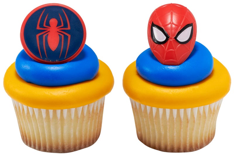 DecoPac Marvel's Spider-Man Spider and Mask Rings  Spider-Man Cupcake Decorations  Red and Blue Food Safe Cake Toppers - 24 Pack