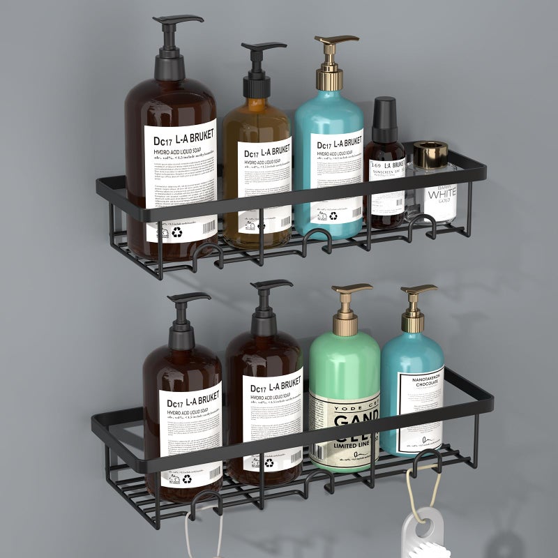 Oasiteege Shower Shelves for Inside Shower, 2 Pack Adhesive Bathroom Caddy Organizer Basket Rack for Storage and Organization, Wall Suction Bath Bathtub Shampoo Holder Set for RV Camper, Black - Image 1