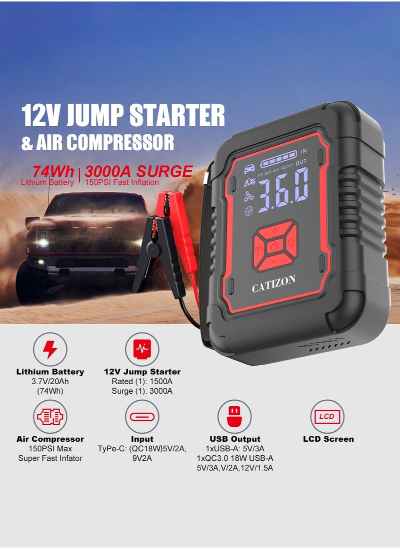 Luttec Emergency vehicle starter with 20000/mAh 3000A 12V air compressor Portable portable power supply/mobile inflator pump, LED lights for 6.0L petrol and 3.0L diesel engines, 12V emergency starter battery pack, battery booster, emergency starter box, portable charger, connection cables, display screen and emergency lamp  - Image 1
