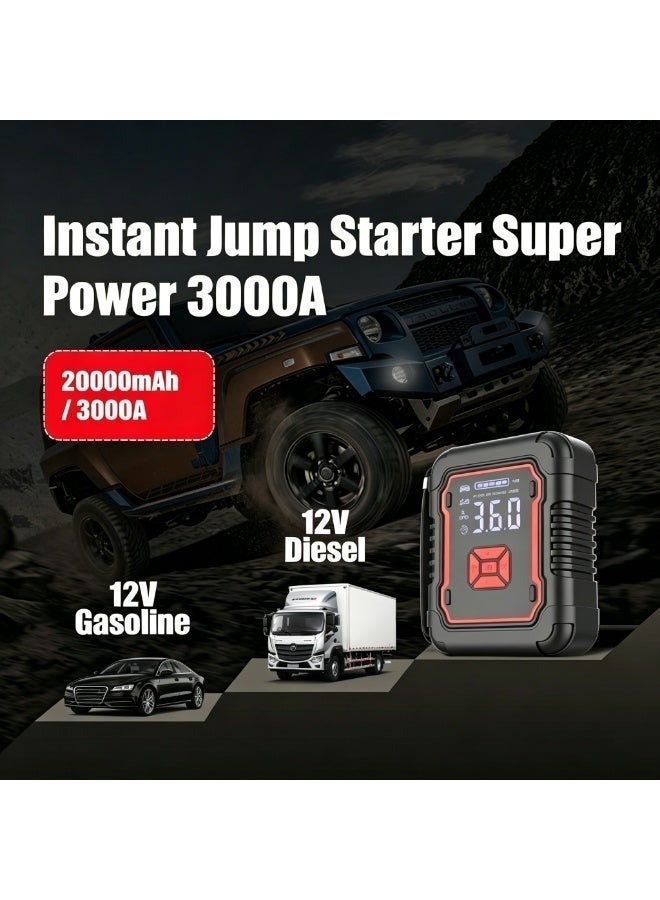 Luttec Emergency vehicle starter with 20000/mAh 3000A 12V air compressor Portable portable power supply/mobile inflator pump, LED lights for 6.0L petrol and 3.0L diesel engines, 12V emergency starter battery pack, battery booster, emergency starter box, portable charger, connection cables, display screen and emergency lamp - Image 3