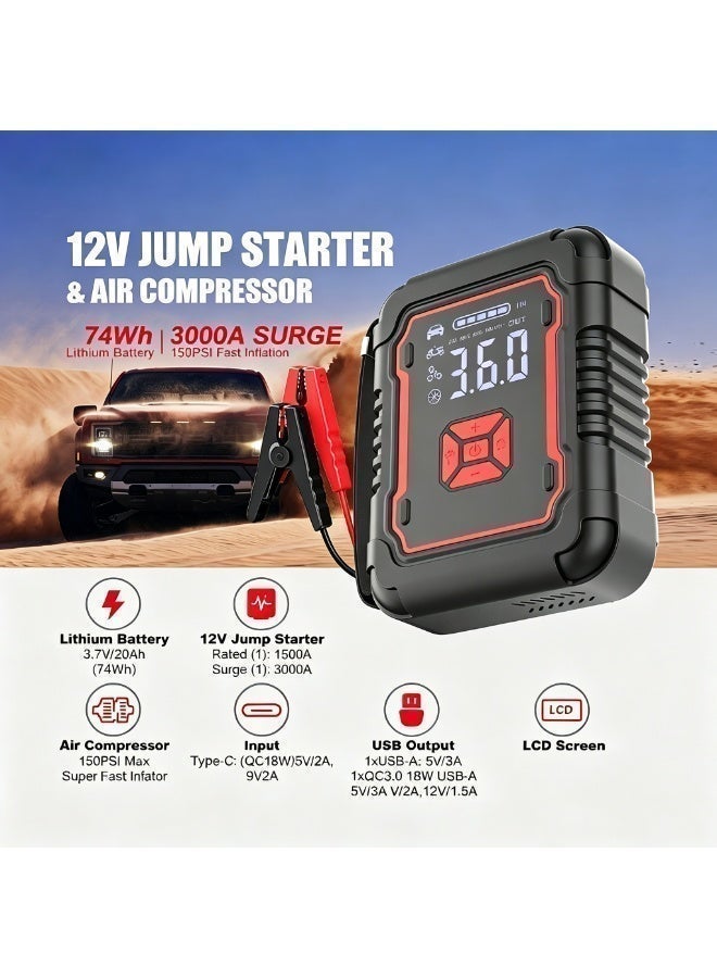 Luttec Emergency vehicle starter with 20000/mAh 3000A 12V air compressor Portable portable power supply/mobile inflator pump, LED lights for 6.0L petrol and 3.0L diesel engines, 12V emergency starter battery pack, battery booster, emergency starter box, portable charger, connection cables, display screen and emergency lamp - Image 1