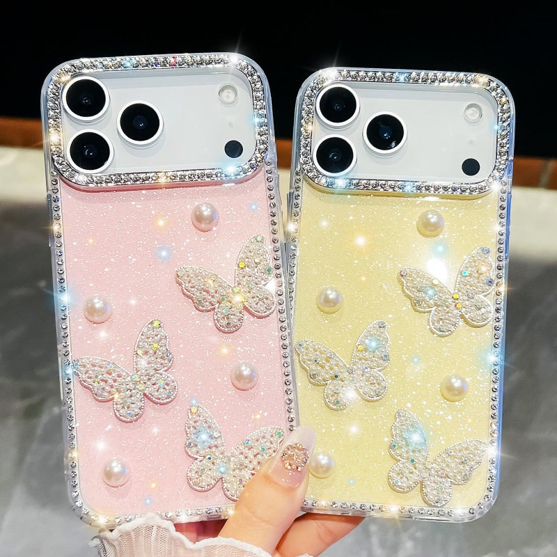 erorex For iPhone 16 Pro Diamond Glitter Pearl  Four-Corner Shockproof Phone Case(White) - Image 3