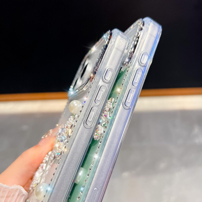 erorex For iPhone 16 Pro Diamond Glitter Pearl  Four-Corner Shockproof Phone Case(White) - Image 5