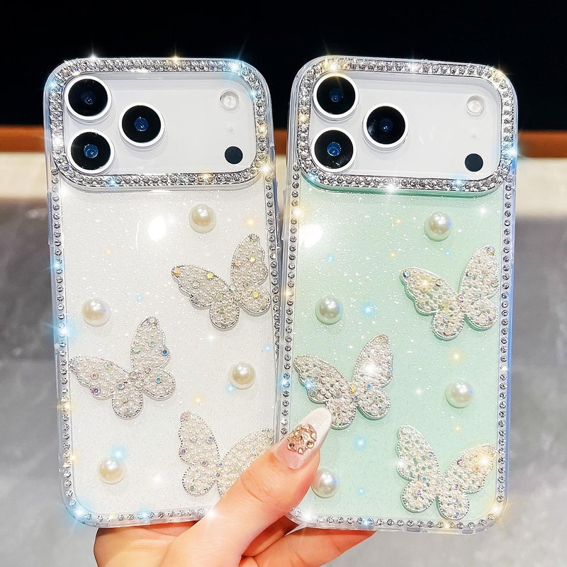 erorex For iPhone 16 Pro Diamond Glitter Pearl  Four-Corner Shockproof Phone Case(White) - Image 2