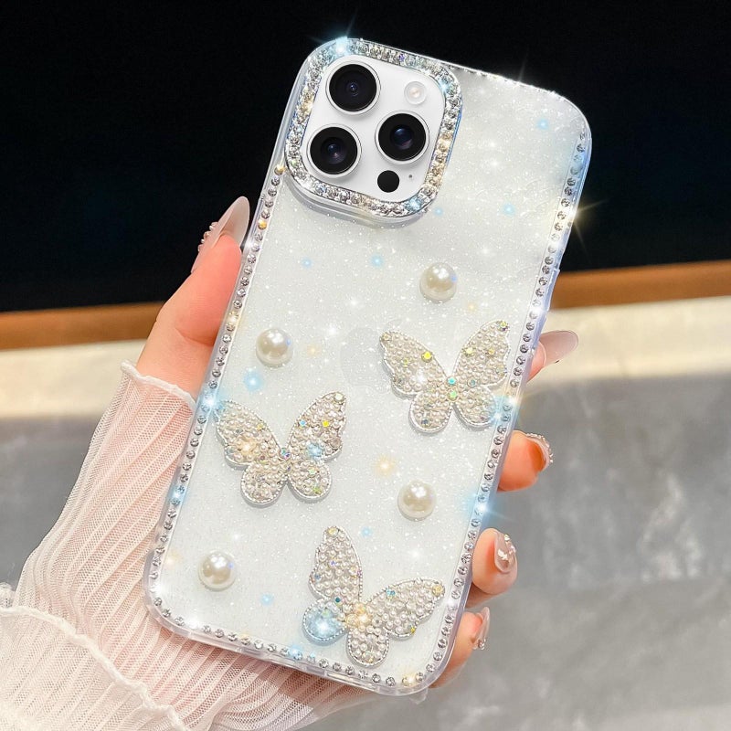 erorex For iPhone 16 Pro Diamond Glitter Pearl  Four-Corner Shockproof Phone Case(White) - Image 1