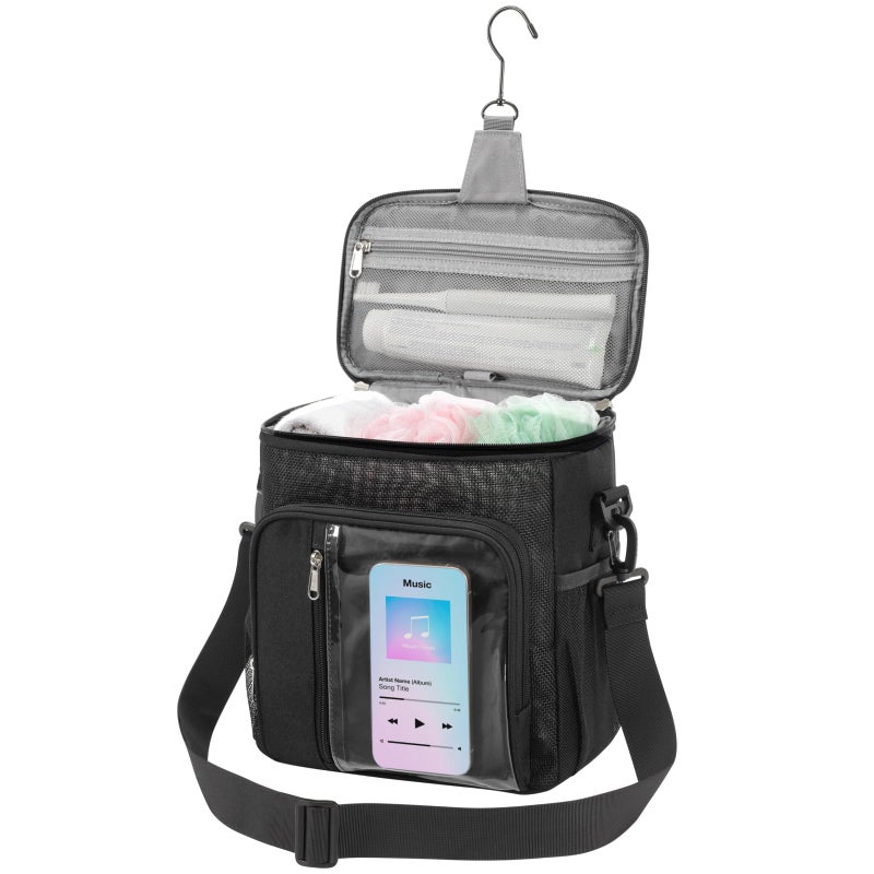 F-color Crossbody Shower Caddy with Phone Holder - Hands-Free Portable Toiletry Bag Fits Full-Size Bottles, Quick Dry Mesh Hanging Tote for College Dorm Essentials, Camping, Gym, Travel, Large, Black - Image 1