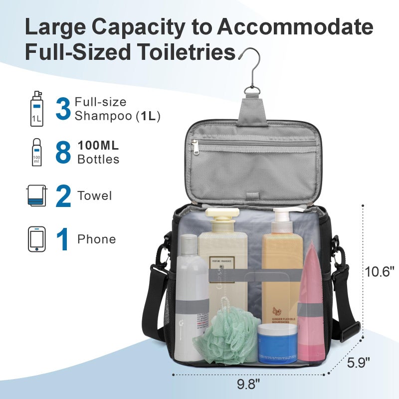 F-color Crossbody Shower Caddy with Phone Holder - Hands-Free Portable Toiletry Bag Fits Full-Size Bottles, Quick Dry Mesh Hanging Tote for College Dorm Essentials, Camping, Gym, Travel, Large, Black - Image 4