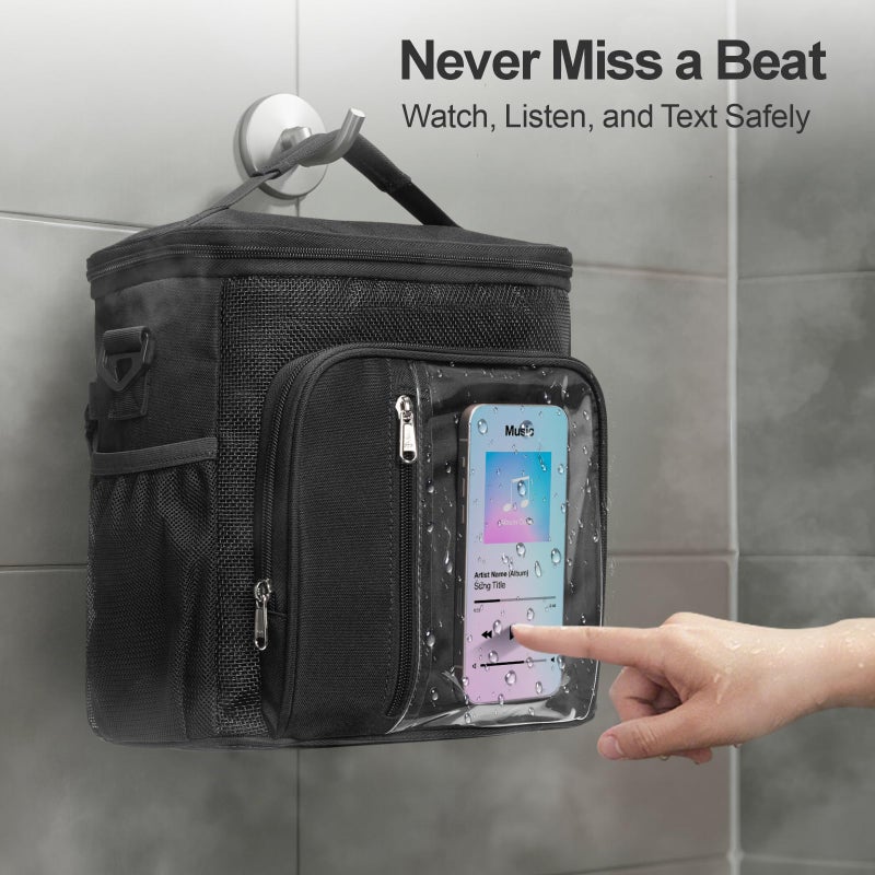 F-color Crossbody Shower Caddy with Phone Holder - Hands-Free Portable Toiletry Bag Fits Full-Size Bottles, Quick Dry Mesh Hanging Tote for College Dorm Essentials, Camping, Gym, Travel, Large, Black - Image 3