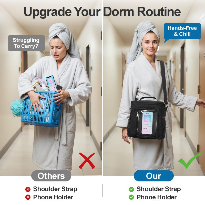 F-color Crossbody Shower Caddy with Phone Holder - Hands-Free Portable Toiletry Bag Fits Full-Size Bottles, Quick Dry Mesh Hanging Tote for College Dorm Essentials, Camping, Gym, Travel, Large, Black - Image 2