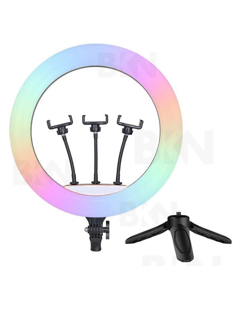 حلقة إضاءة ليد ناعمة محمولة 45 سم بالفضاء اللوني ار جي بي 16 لون مع ثلاث حوامل موبايل وحامل صغير لتسجيل يوتيوب - انستا ريل - بث مباشر - فيديوهات مكياج من بي كيه ان® MJ45 - Image 1