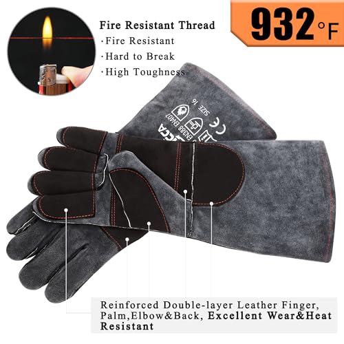 RAPICCA Fireplace Gloves Fire Heat Resistant: Dark-Grey 16IN 932℉ - Fireproof Leather for Fireplace Fire Pit Wood Stove Campfire Furnace BBQ Grill Oven Stick Mig Welding Welder Gear - Birthday Gift XL - Image 4