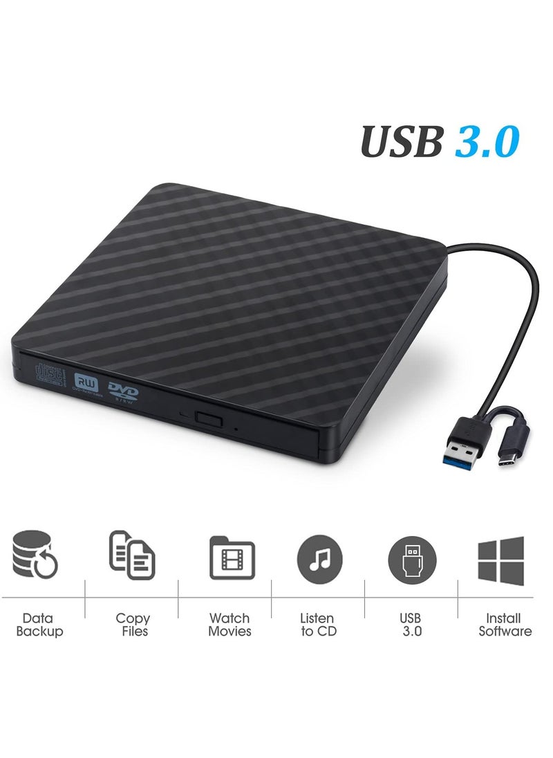 Generic - External DVD Player USB & USB-C CD/DVD Player USB 3.0/Type C Slim Optical Drive CD/DVD ROM Drive Portable Rewriter Reader for PC Laptop MacBook Mac Windows 7/8.1/10 Linux OS - Image 1