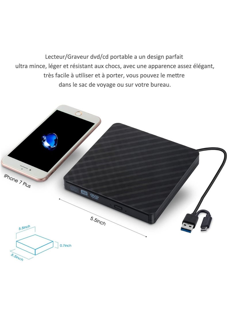 Generic - External DVD Player USB & USB-C CD/DVD Player USB 3.0/Type C Slim Optical Drive CD/DVD ROM Drive Portable Rewriter Reader for PC Laptop MacBook Mac Windows 7/8.1/10 Linux OS - Image 1