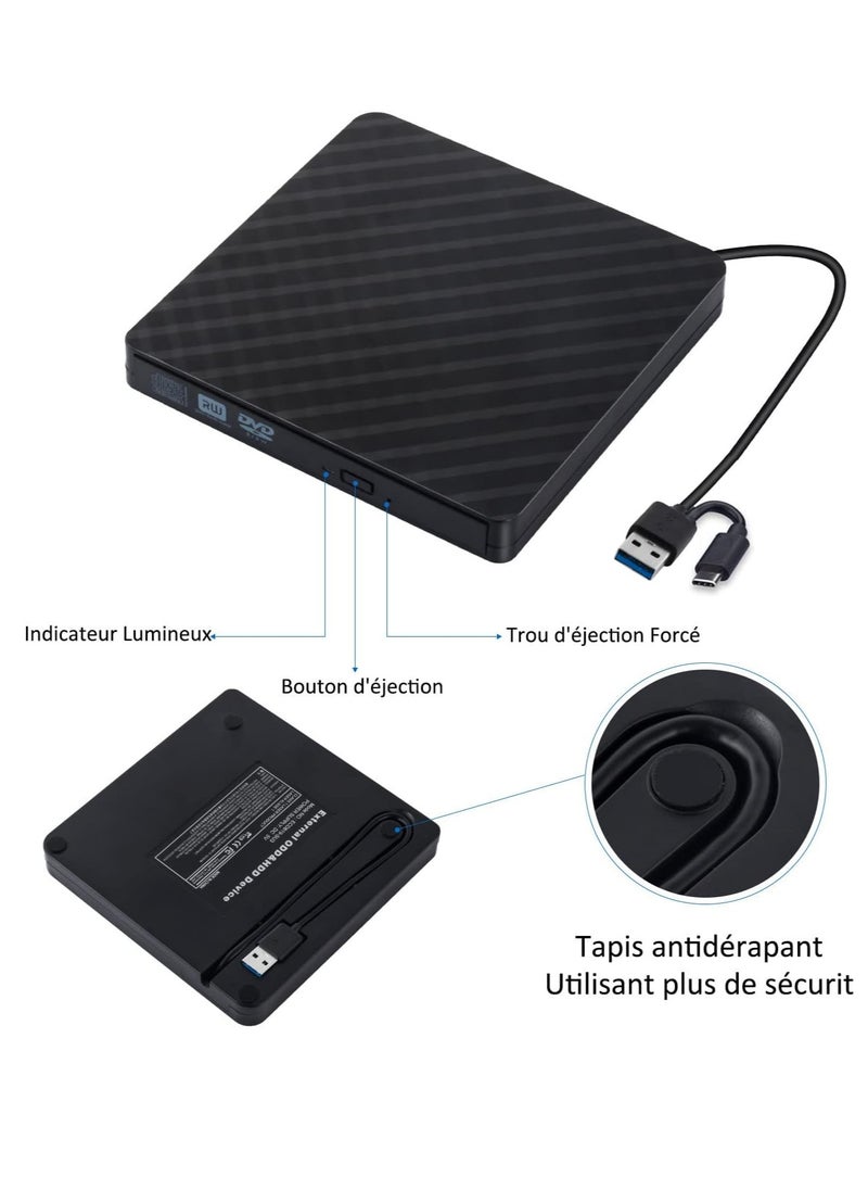 Generic - External DVD Player USB & USB-C CD/DVD Player USB 3.0/Type C Slim Optical Drive CD/DVD ROM Drive Portable Rewriter Reader for PC Laptop MacBook Mac Windows 7/8.1/10 Linux OS - Image 1