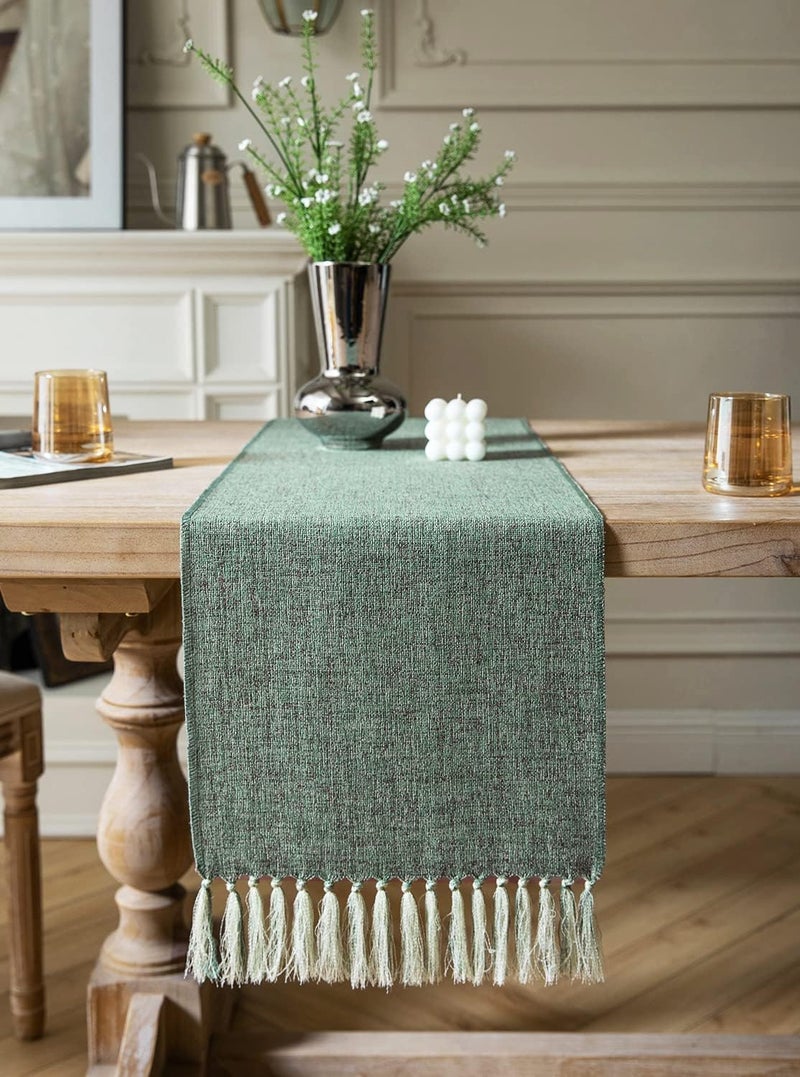 ZeeMart Rustic Table Runner with Handmade Tassels, Green Burlap Style Farmhouse Table Runners 72 Inches Long, Vintage Woven Dining Table Runner for Party Holiday Daily Use, 13x72 Inches, Mineral Green - Image 2