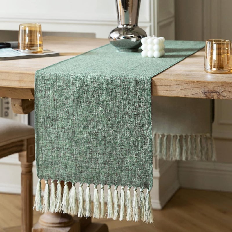 ZeeMart Rustic Table Runner with Handmade Tassels, Green Burlap Style Farmhouse Table Runners 72 Inches Long, Vintage Woven Dining Table Runner for Party Holiday Daily Use, 13x72 Inches, Mineral Green - Image 1