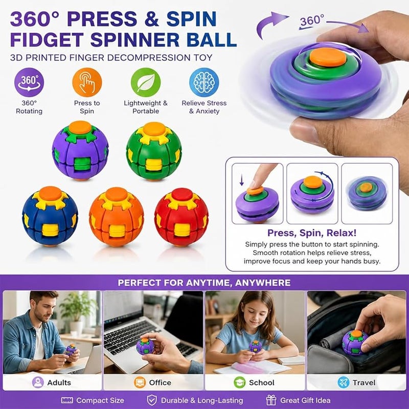 QITAI Fidget Spinner Decompression Ball, 360° Press & Spin Fidget Ball, 3D Printed Finger Decompression Rotating Ball Sensory Fidget Fun Toy for Adults Portable Desk Toy for Office, School (1, All) - Image 2