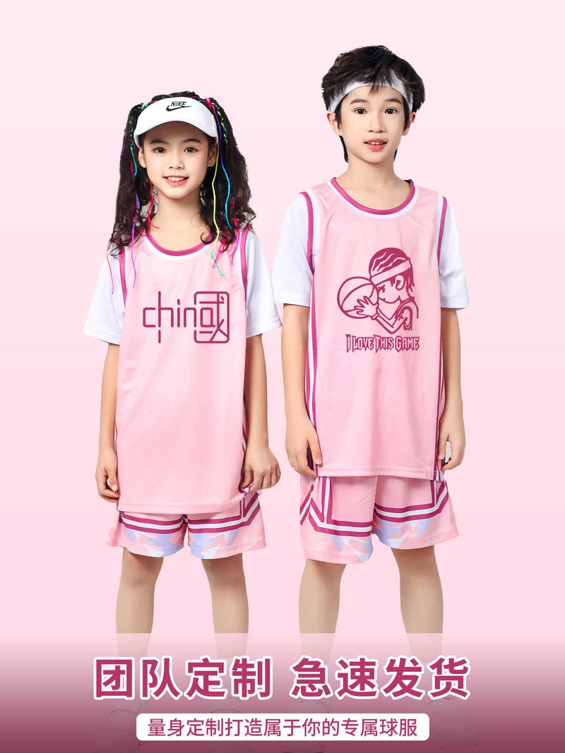 Children'S Basketball Uniform Suit For Boys And Girls Printed Game Class Uniform Training Team Uniform Primary School Student Fake Two-Piece Short-Sleeved Jersey - Image 2