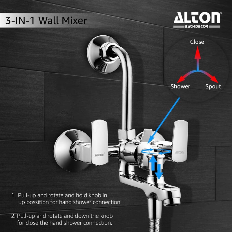 Alton ALTON QDRL5890 Brass 3IN1 Wall Mixer With Provision For Over Head Shower and Hand Shower with190mm Long Bend Pipe Chrome - Image 4
