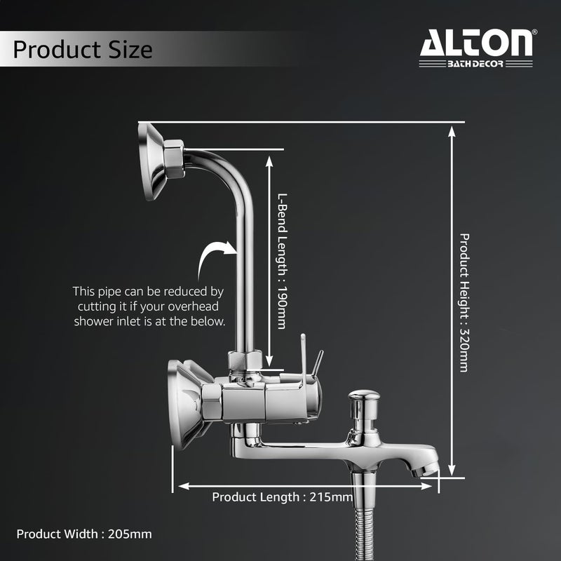Alton ALTON QDRL5890 Brass 3IN1 Wall Mixer With Provision For Over Head Shower and Hand Shower with190mm Long Bend Pipe Chrome - Image 2