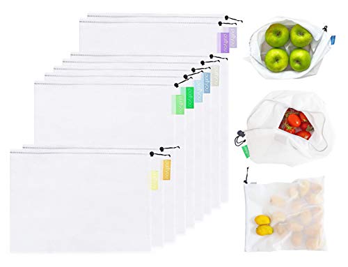 purifyou Set of 9 Reusable Produce Bags Heavy Duty Washable Mesh Grocery Bag with Drawstring Ideal for Farmers Market Beach and Refrigerator Storage Extra Large Large Small