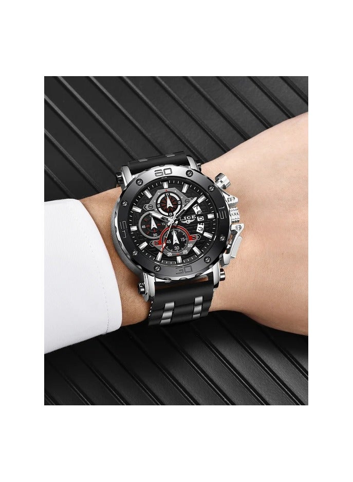 لييج ساعة يد رجالية رياضية مع سوار سيليكون - طقم هدية تصميم أنيق مناسبة لجميع المناسبات - Image 1