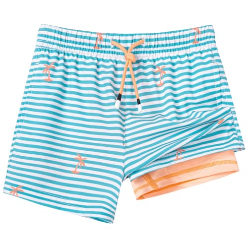SURF CUZ Boys Swim Trunks with Boxer Brief Liner 2 in 1 Toddler Stretch Swimsuit Shorts Quick Dry Swimming Bathing Suit Palm Tree Green Stripes 7 - Image 1