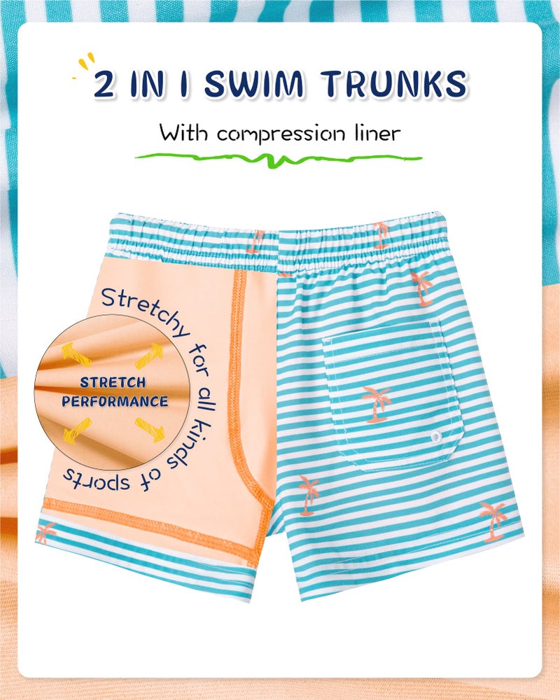 SURF CUZ Boys Swim Trunks with Boxer Brief Liner 2 in 1 Toddler Stretch Swimsuit Shorts Quick Dry Swimming Bathing Suit Palm Tree Green Stripes 7 - Image 3