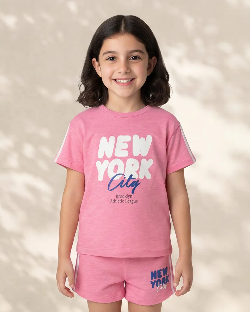 Redtag Girls Pink Placement Print Slub Jersey T Shirt