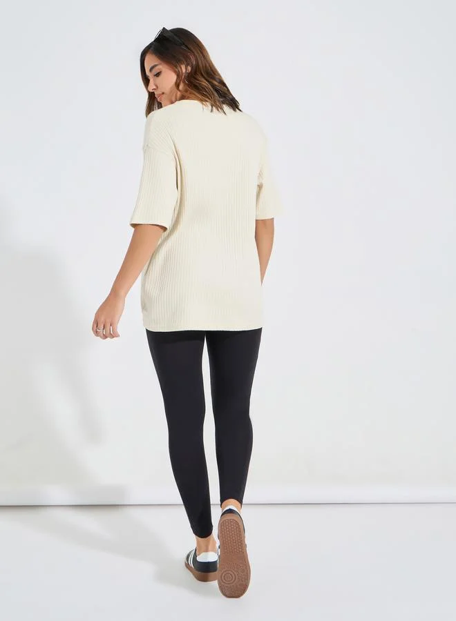 Styli Oversized Ribbed T-Shirt & Ankle Length Leggings Co-Ord Set