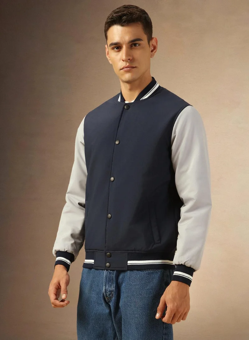 Dennis Lingo Men's Navy 100% Polyester Colour Blocked Bomber Regular Fit Jacket