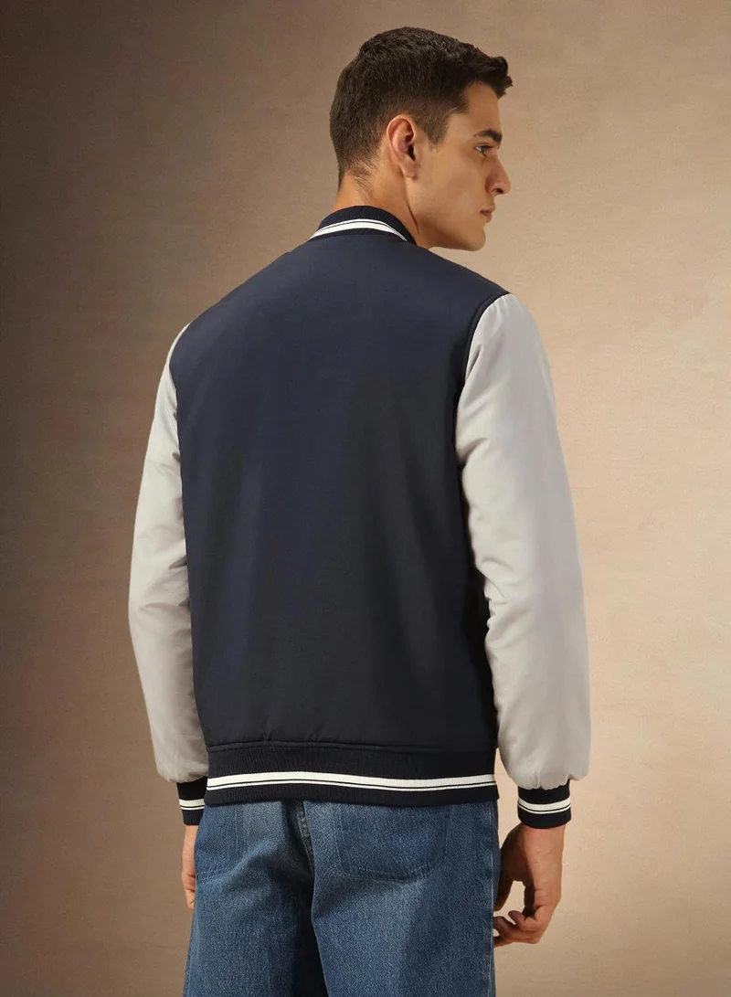 Dennis Lingo Men's Navy 100% Polyester Colour Blocked Bomber Regular Fit Jacket