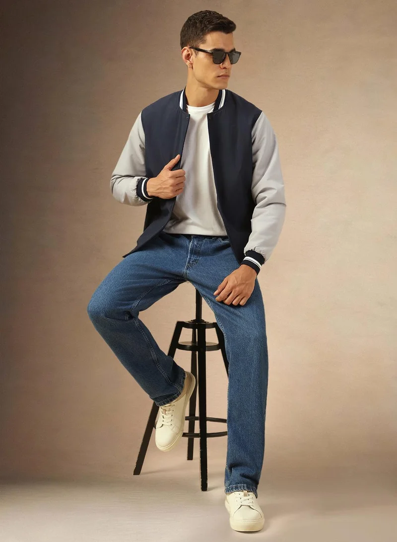 Dennis Lingo Men's Navy 100% Polyester Colour Blocked Bomber Regular Fit Jacket