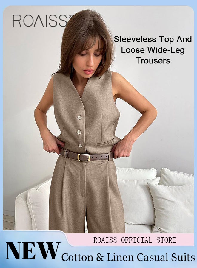 roaiss 2 Piece Women Suit Set Cotton Linen Fabric Sleeveless Vest Top and Loose Wide Leg Trousers Casual Suit Set for Women Loose Fit Design Inclusive for All Body Types Suitable for School and Work  - Image 1