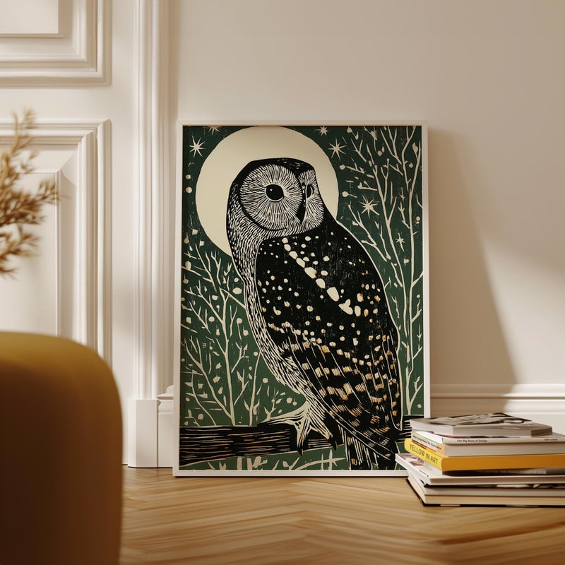 TNESSENTIAL Owl on Branch Poster, Japanese Woodblock Art Print - Image 1