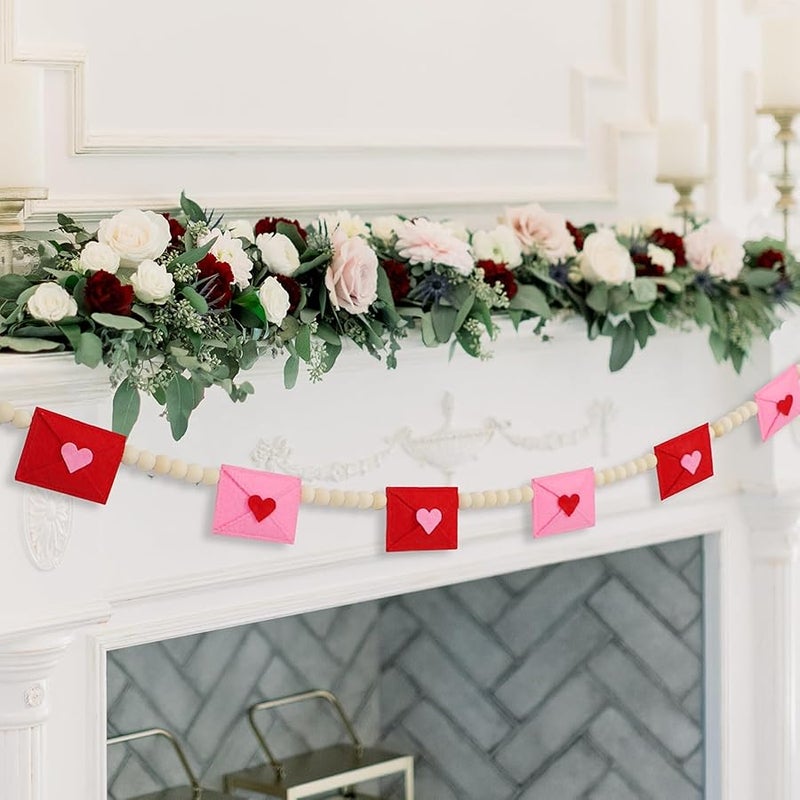DAZONGE Retro Valentine Decor, Felt Envelope Wood Bead Garland for Valentine Decorations, Red and Pink Farmhouse Valentine’s Day Felt Banner for Wedding, Anniversary Decor - Image 1