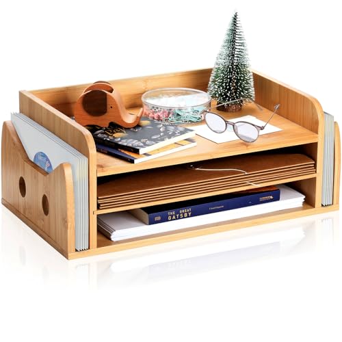 ZOOFOX 3-Tier Paper Letter Tray, Wood Letter File Folder Holder with 3 Trays and 2 Vertical Section, Cute Cat-Shaped Paper Tray for Home Office School - Image 1