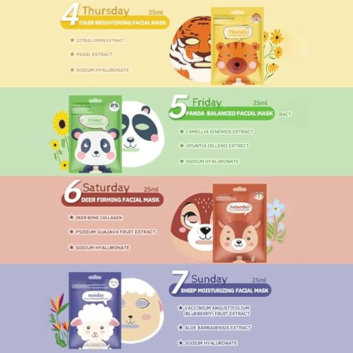 HHLTOH Animal Character Sheet Mask 7 Pack – Cute Hydrating Facial Masks, Spa Party Favors, Sleepover Essentials, Korean Skincare, Fun Face Masks, Vegan & Cruelty-Free - Image 4