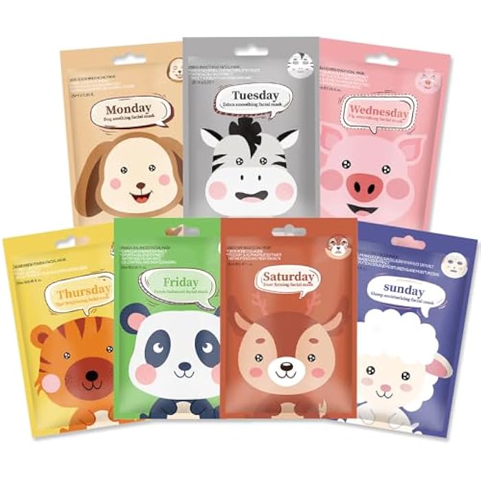 HHLTOH Animal Character Sheet Mask 7 Pack – Cute Hydrating Facial Masks, Spa Party Favors, Sleepover Essentials, Korean Skincare, Fun Face Masks, Vegan & Cruelty-Free - Image 1