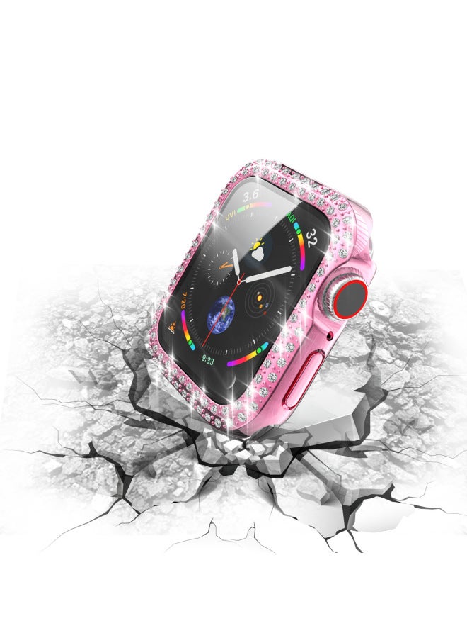 For Apple Watch For Applewatch7 Watch Case PC Electroplated Double Diamond Integrated Tempered Film For Iwach8 Watch Case-Color:Rose Pink-Appearance Size:42mm